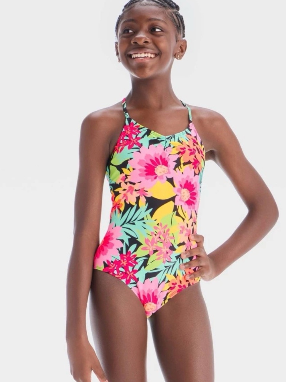 Girls' Sunrise Blooms Floral Printed One Piece Swimsuit - Art Class Size S Small